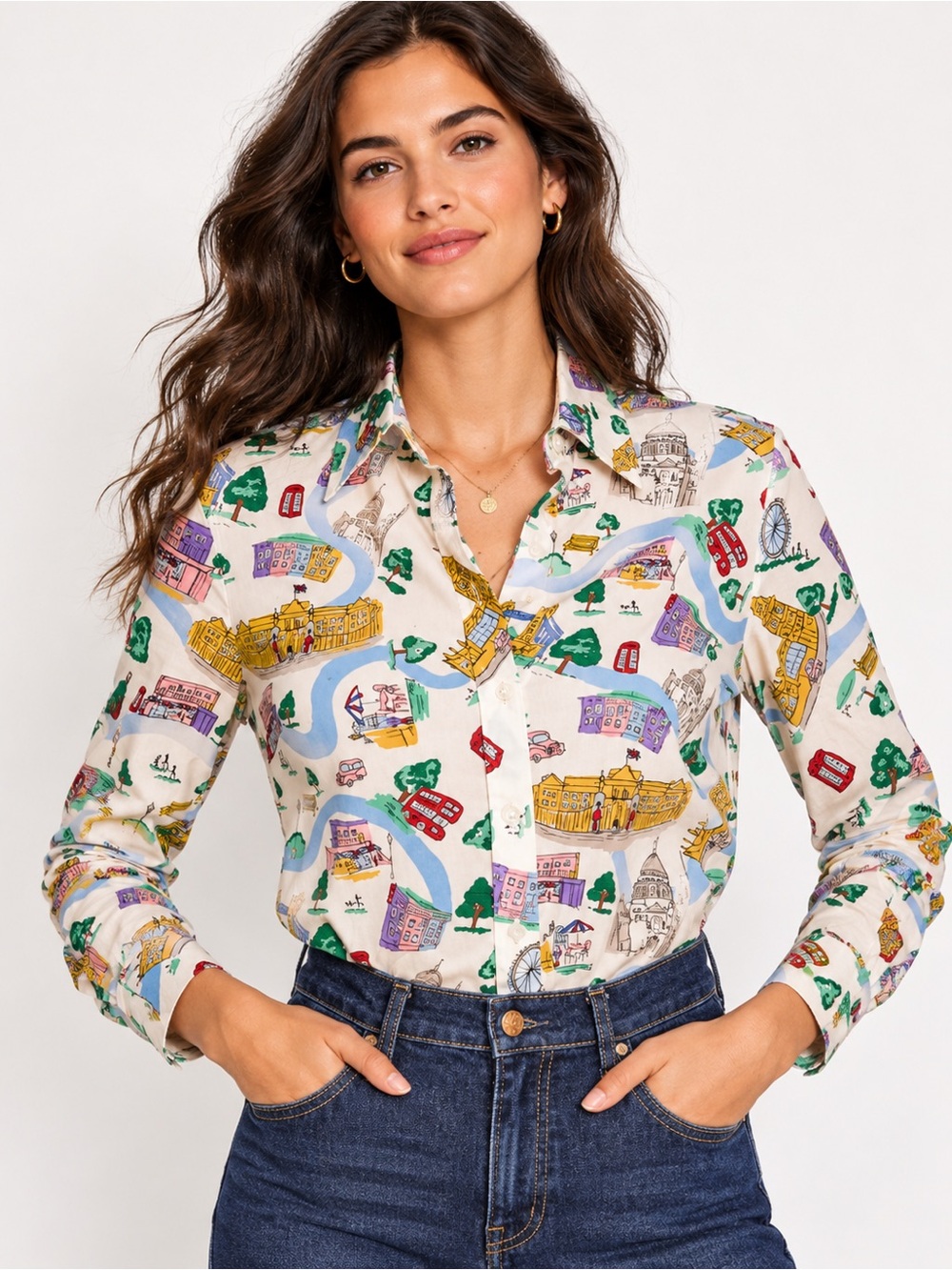 Boden Sienna Cotton Shirt Ivory London Town Print Size 10R
